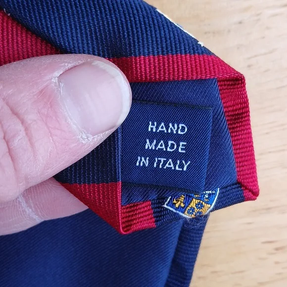 POLO by Ralph Lauren Red and Blue Striped Tie with Crest - Picture 4 of 5